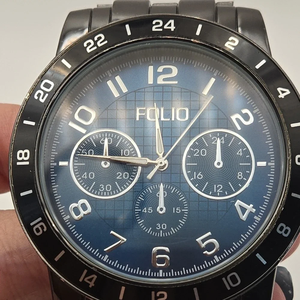 Folio FMDMSG906 Mens 55mm Chrono Blue Dial Watch. Black SS Band, New Batteries.